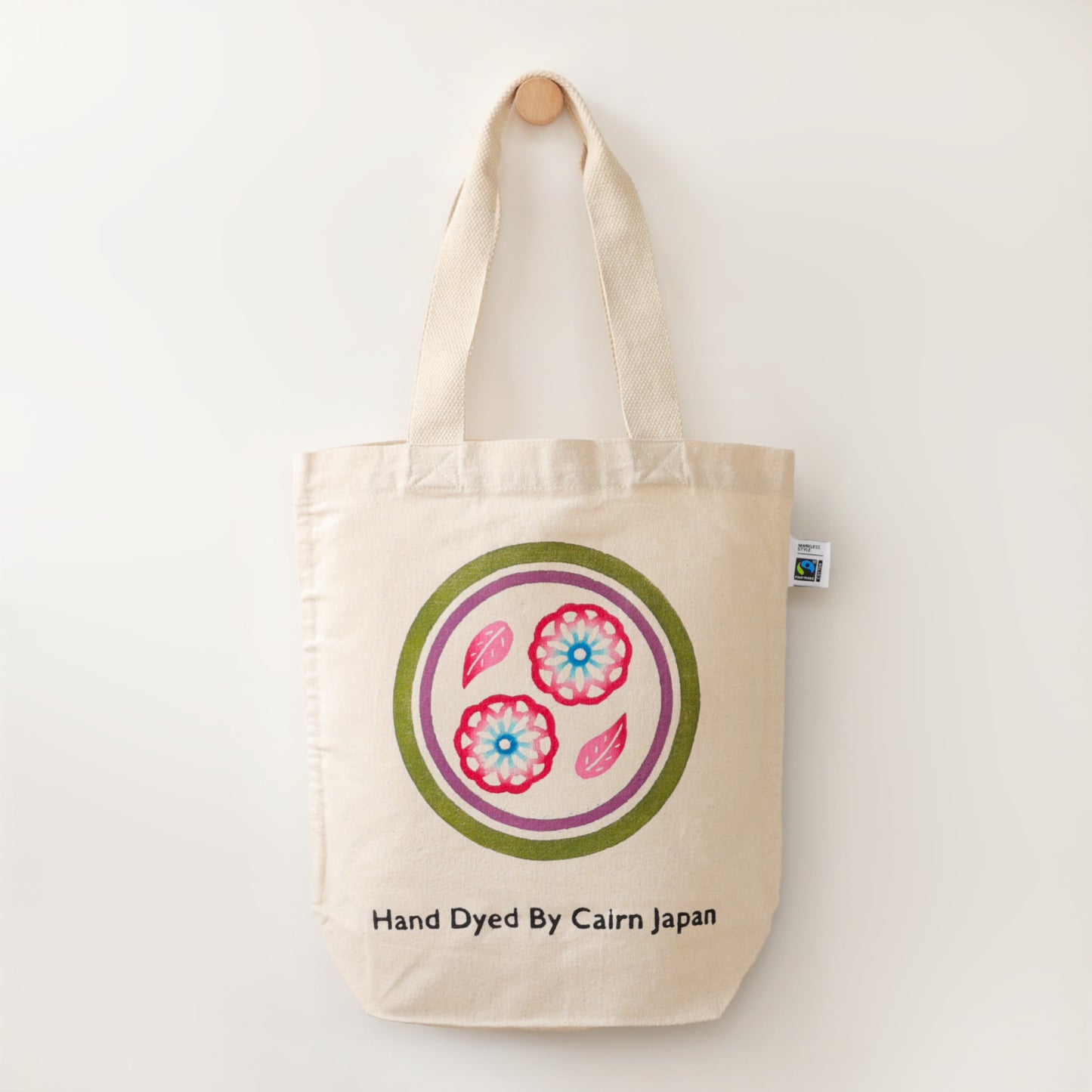 Fairtrade OrganicCotton Totebag　CIRCLE & FLOWER - GRASS & CHERRY PINK  |  丸紋花柄 - 草と桜